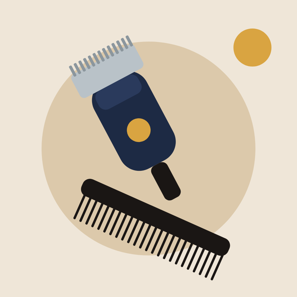 Illustration of hair clippers and a comb